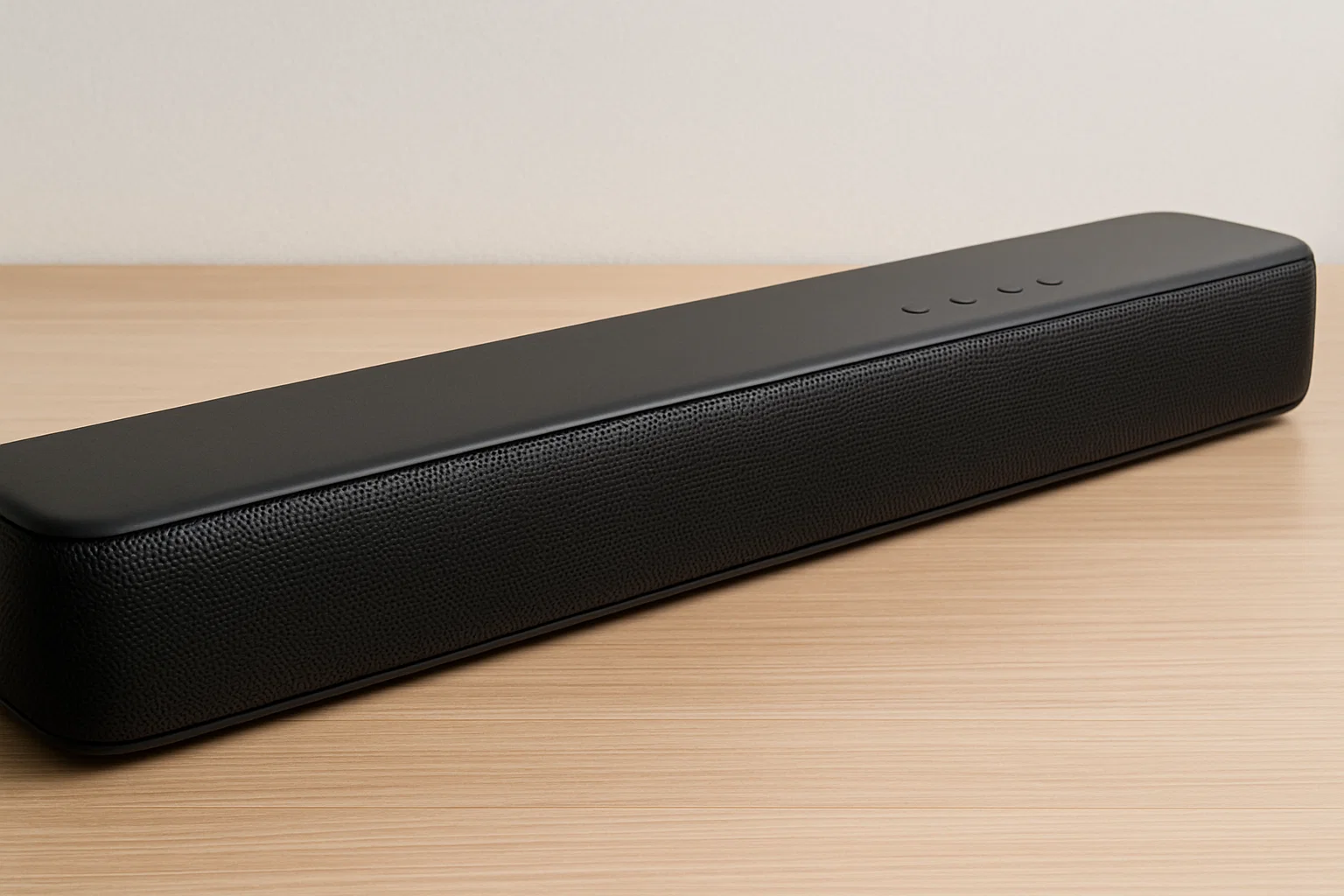 Et bilde av en svart lydplanke på et lyst trefarget bord