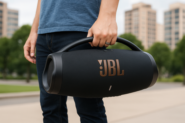 JBL Boombox bært av en ung mann i et urbant miljø
