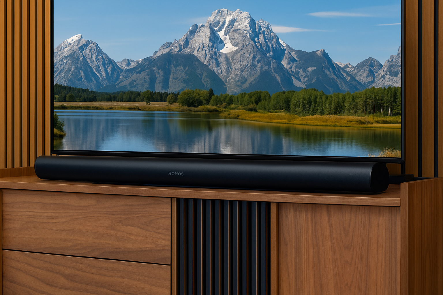sonos arc ultra på et TV bord med en TV over