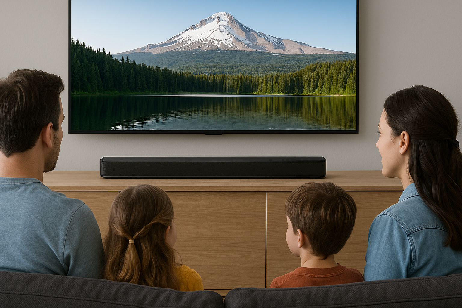 En familie sittende foran en TV med en lydplanke under.