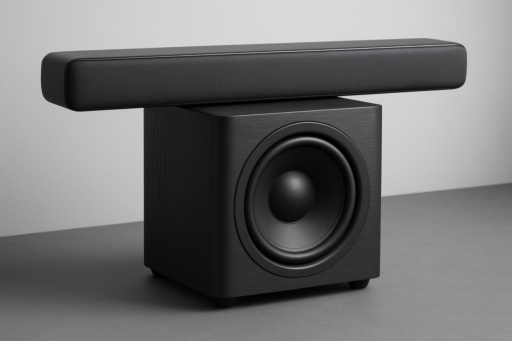 En subwoofer med en lydplanke over seg