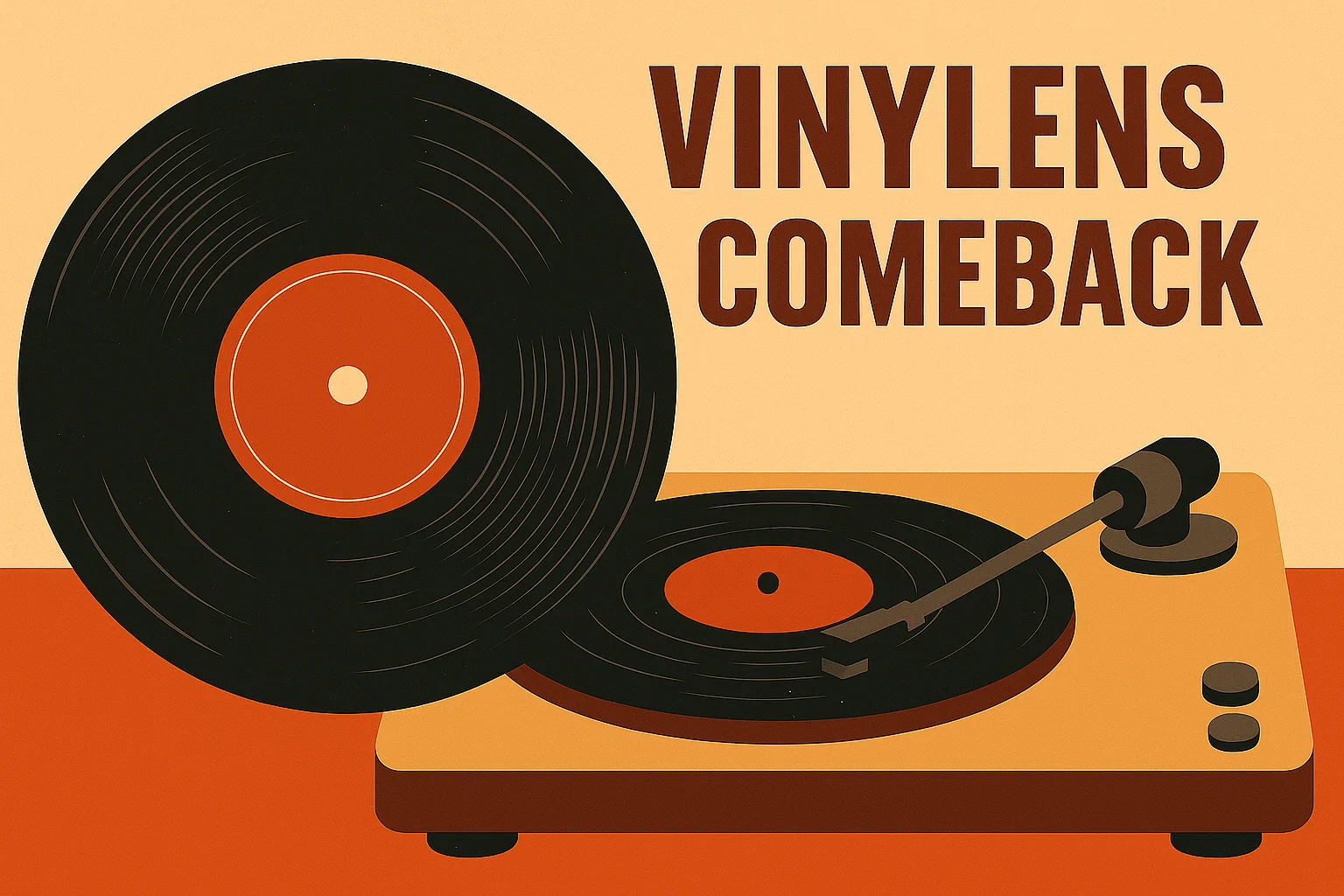 Vinylens comeback skrevet over en tegnet bakgrunn av en vinylspiller med en vinylplate ved siden av